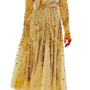 Cream Sequin Embellished Bishop Sleeve Gown